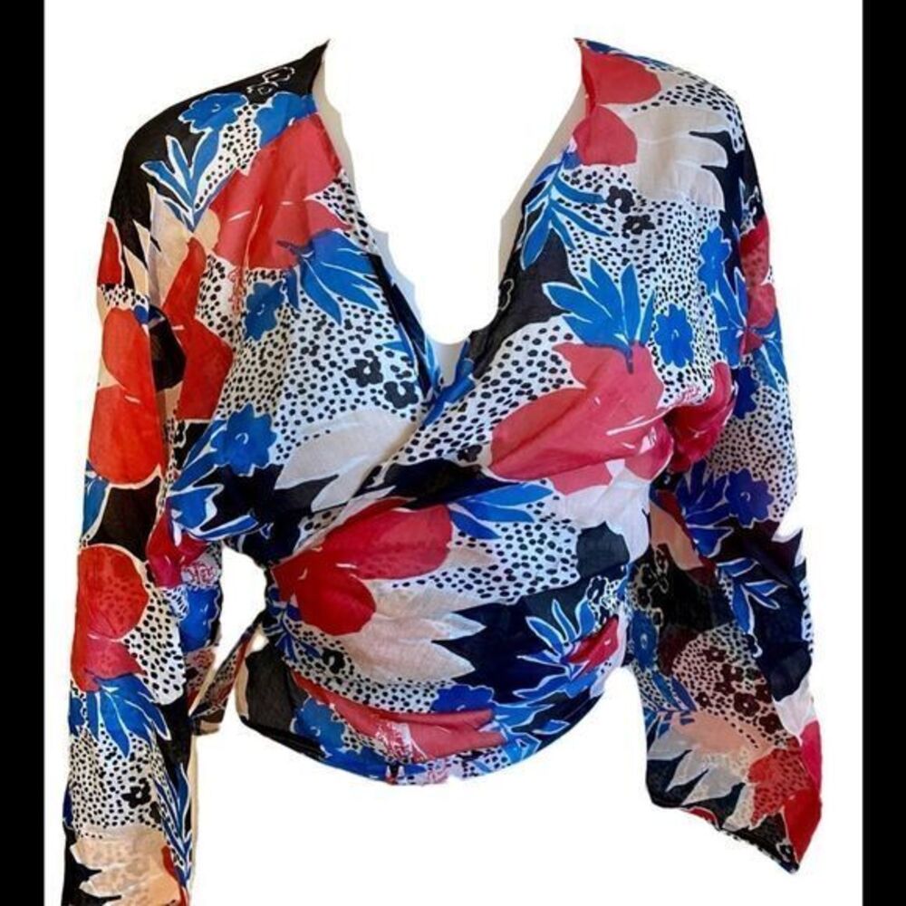 Michael Stars Wrap Top -0SFM blue /red print , cotton